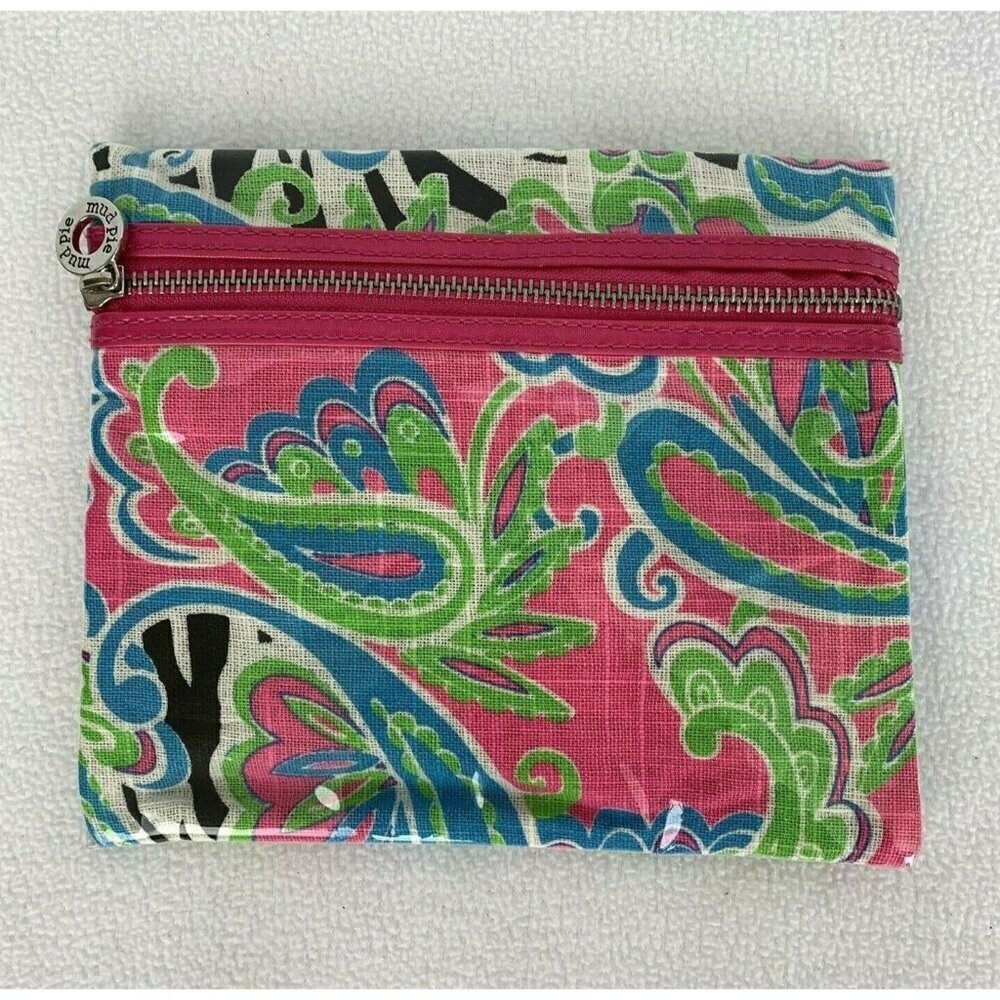 Mud Pie Waterproof Zip Case Pouch Makeup Bag Pink Green Blue Paisley 7” x 8”
